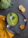 Broccoli soup with toast and raw broccoli and spoon on gray background Royalty Free Stock Photo