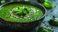 Broccoli, spinach and green peas cream soup on a dark concrete background. Royalty Free Stock Photo