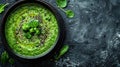 Broccoli, spinach and green peas cream soup on a dark concrete background. Royalty Free Stock Photo