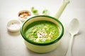 Broccoli spinach pea cream soup with cream and chilli flakes Royalty Free Stock Photo