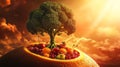 Broccoli tree on orange with vibrant fruit assortment Royalty Free Stock Photo