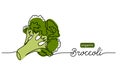 Broccoli vector doodle illustration. One line drawing art illustration with lettering organic broccoli