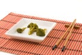 Broccolli dish with chinese chopsticks Royalty Free Stock Photo
