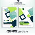 Brochure cover template with blurred city landscape, flyer, professional corporate identity.Green clean squares. Royalty Free Stock Photo