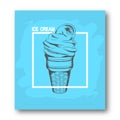 Brochure, poster, advertising flyer. Ice cream cone hand drawn, in a white frame on a blue background. Calligraphy.