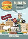 Brochure or poster Restaurant fast foods burger menu with man to