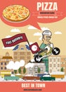 Brochure or poster Restaurant fast foods pizza menu with people