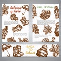 Brochure set of banners with autumn symbols Sketch vector doodle hand drawn vector. Fall illustartion Royalty Free Stock Photo