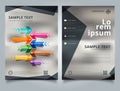 Brochure Template geometric black color scheme with image background and colorful arrow infographics. Royalty Free Stock Photo