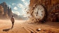 Brocken clock in rocky desert, surreal scene with man, motion of sand, sky and dial in summer. Concept of time, art, history, Royalty Free Stock Photo