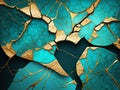 Brocken turquoise stone 3d abstract marbled background with golden inlay veins, lines. Marble mosaic, stone texture, jasper.