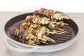 Broiled shish kabob on a stick in a skillet