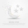 Broke and spread moon and star with shadow digitally drawn low poly wire frame