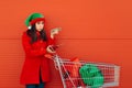 Broke Woman Spending Her Last Dollars on Christmas Shopping Royalty Free Stock Photo