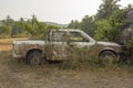 broken abandoned dirty white Indian pickup overgrown with plants green ivy and moss on the