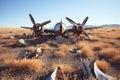 broken airplane propellers scattered in dry landscape Royalty Free Stock Photo