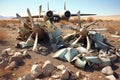 broken airplane propellers scattered in dry landscape Royalty Free Stock Photo