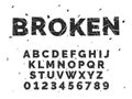 Broken alphabet. Crash font, capital latin letters and numbers, crack style english abc, smashed fragments, text design