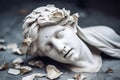 Broken ancient greek statue woman head falling in pieces. Broken marble female sculpture, cracking bust, concept of depression,