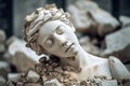 Broken ancient greek statue woman head falling in pieces. Broken marble female sculpture, cracking bust, concept of depression,