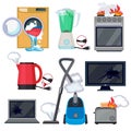 Broken appliance. Damage kitchen home items tv washing machine tablet laptop vector cartoon illustrations