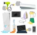 Broken appliances set, damaged electrical household equipment vector Illustrations on a white background