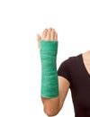 Broken arm with green cast on white background