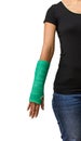 Broken arm with green cast on white background