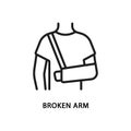 Broken arm line icon. Vector illustration of a man whose arm is in a cast.