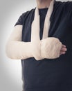 Broken arm in white plaster cast and sling