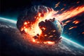 Broken asteroid on impact with planetary blast explosion, end of world, judgment day. Generative AI technology Royalty Free Stock Photo