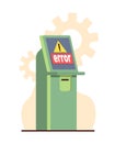 Broken ATM, non working bank terminal. Cash machine showing warning sign. Crisis in the banking system. Stopped working