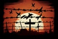 Broken barbed wire and free flying birds on cross sunset background. Generate Ai.