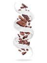 Broken bars of chocolate with swirling milk splashes, isolated on white background Royalty Free Stock Photo