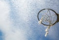 A broken basketball net dangles from a hoop attached to a metal backboard. Royalty Free Stock Photo
