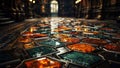 Broken Beauty: Stained Glass Shards in Open Floor Reflection, generative ai