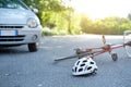 Broken bicycle on the asphalt after incident Royalty Free Stock Photo