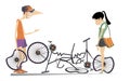 Road accident, two cyclists and broken bikes illustration