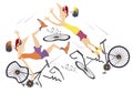 Road accident, two cyclists and broken bikes illustration