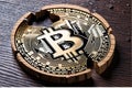 Broken Bitcoin on the table 3d illustration, Crypto Trading concept