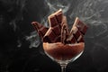 Broken black chocolate bar in glass with cocoa powder Royalty Free Stock Photo