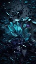 Broken blue glass shard on a dark background. AI-generated.