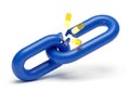 A broken blue plastic chain link with yellow pieces detached isolated on white background Royalty Free Stock Photo