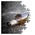 Broken bottle of beer resting on the ground - Free themselves from alcohol addiction - concept image in jigsaw puzzle shape Royalty Free Stock Photo