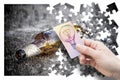 Broken bottle of beer resting on the ground - Free themselves from alcohol addiction - concept image in jigsaw puzzle shape with