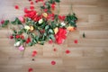 Broken bouquet of roses, scattered on the floor, box with gift with satin ribbon, concept of mother`s, Valentine`s day, birthday