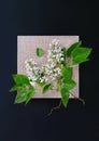 Branch of white Lilac flowers bloom in Canvas beige Frame on black background