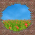 Broken brick wall and grass field Royalty Free Stock Photo