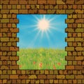 Broken brick wall and grass field Royalty Free Stock Photo