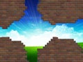 Broken brick wall and grass field Royalty Free Stock Photo